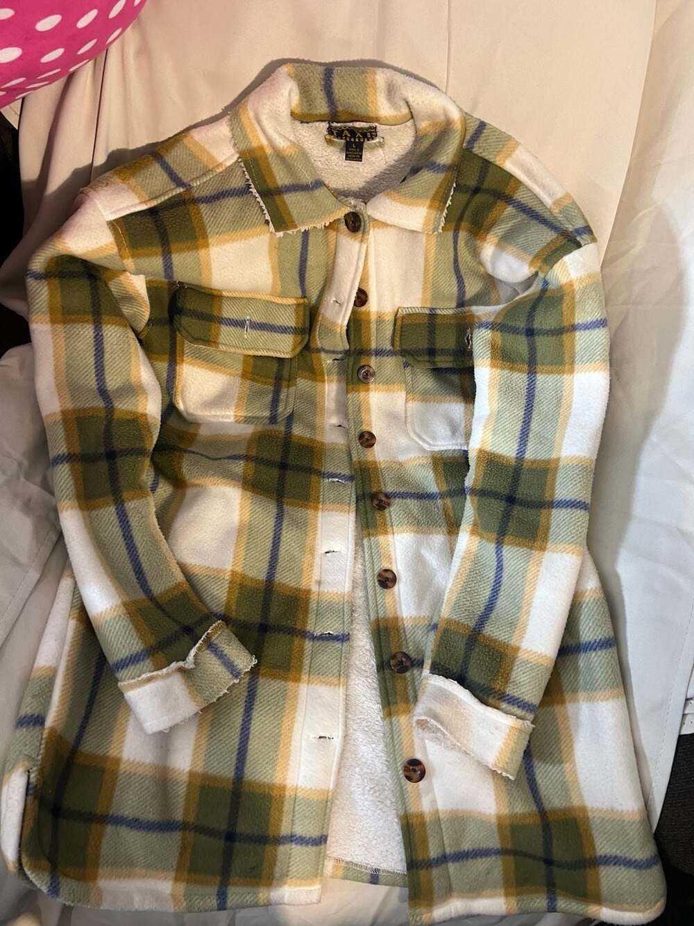Taxi Green Yellow Plaid Fleece Sherpa Lined Shacket Jacket Size L